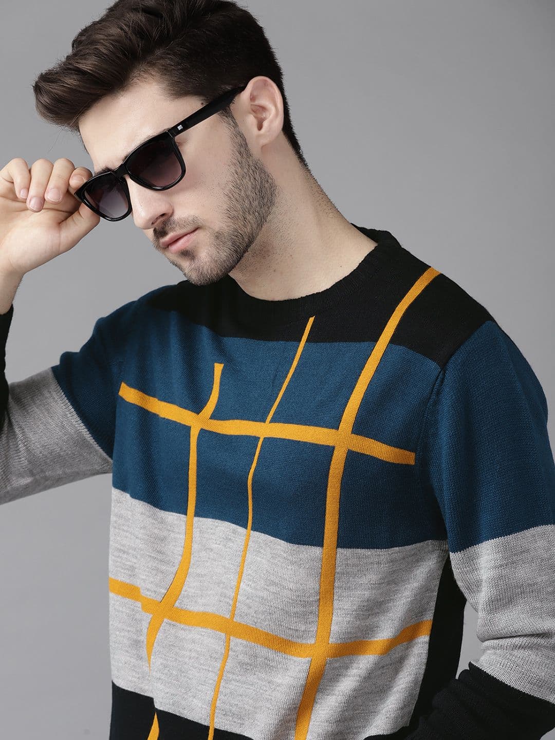 The Roadster Lifestyle Co Men Teal & Grey Colourblocked Pullover swaeter - view 1