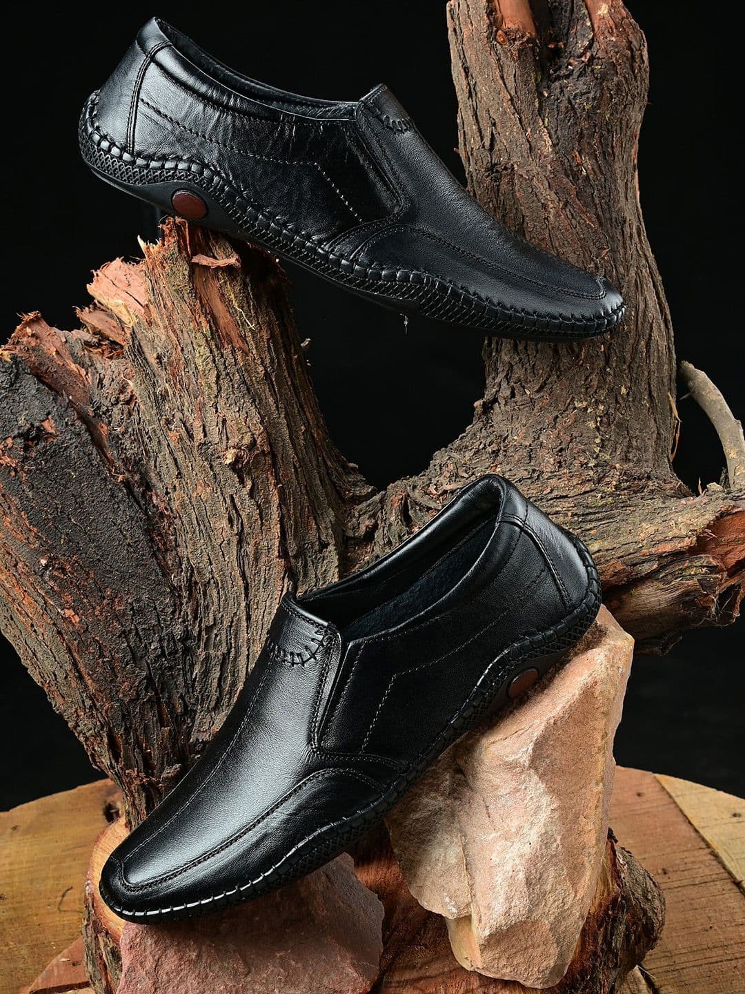 Mactree Men Black Solid Leather Formal Slip-On Shoes - view 1