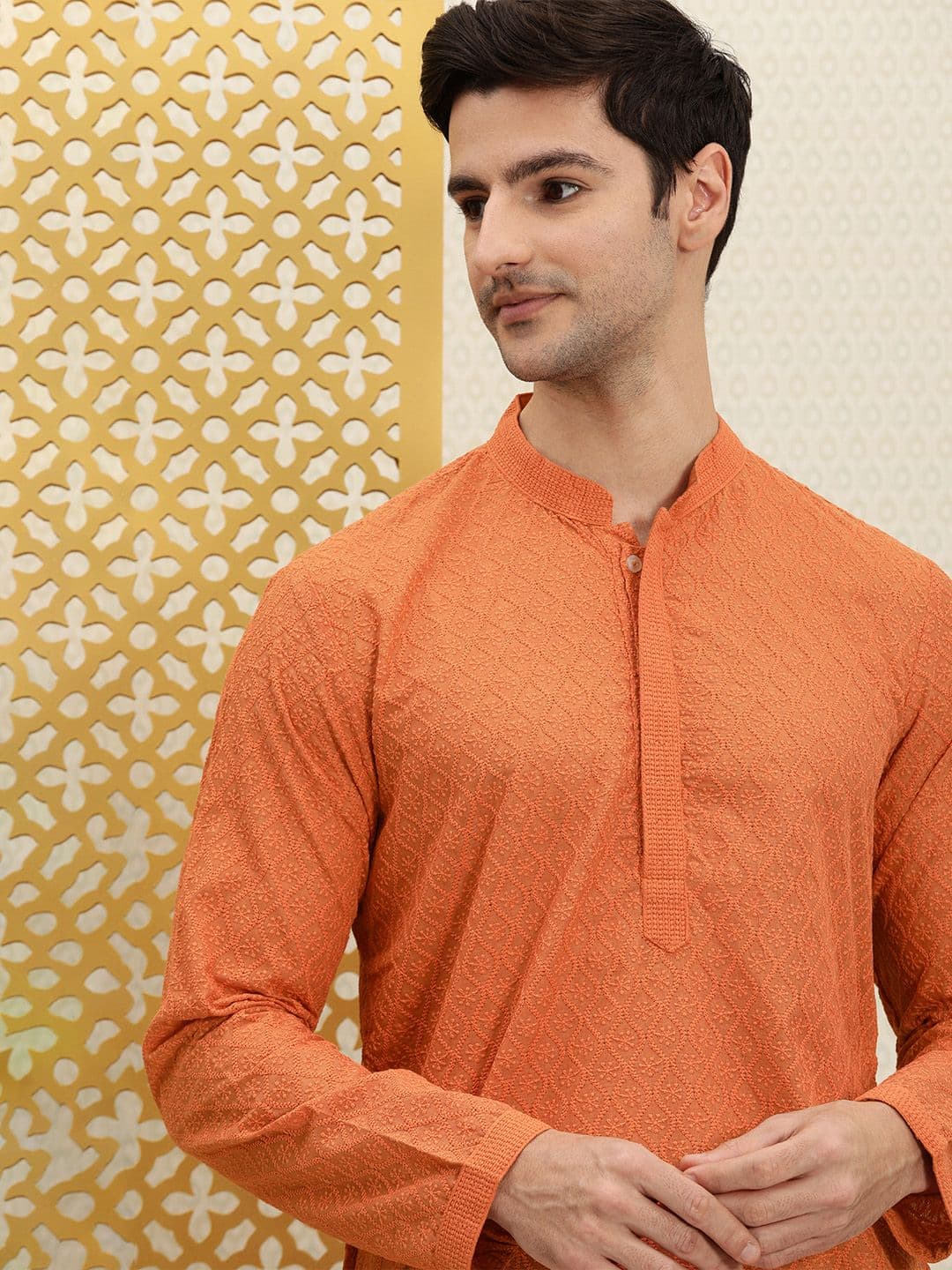 House of Pataudi Men Orange Jashn Chikankari Embroidered Kurta - view 1