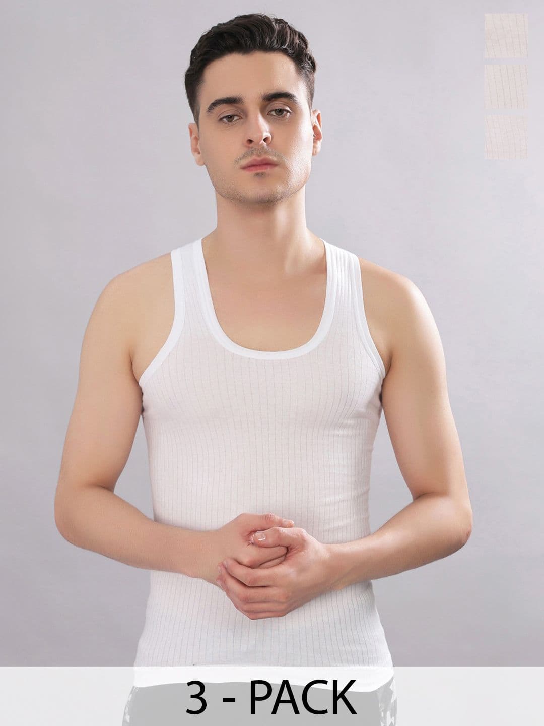 Dollar Bigboss Men Solid Pack of 3 White Cotton Magic Rib Regular Fit Casual Vest - view 1