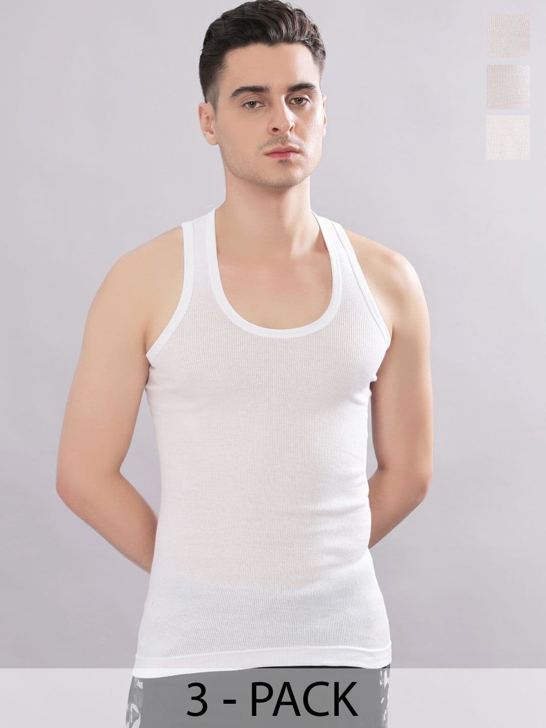 Dollar Bigboss Men Solid Pack of 3 White Cotton Stretch Rib Regular Fit Casual Vest - view 1