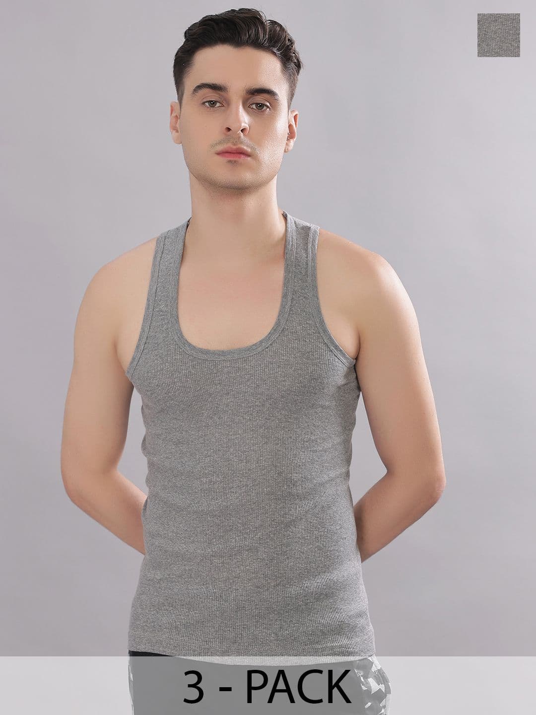 Dollar Bigboss Men Solid Pack of 3 Grey Cotton Stretch Rib Regular Fit Casual Vest - view 1
