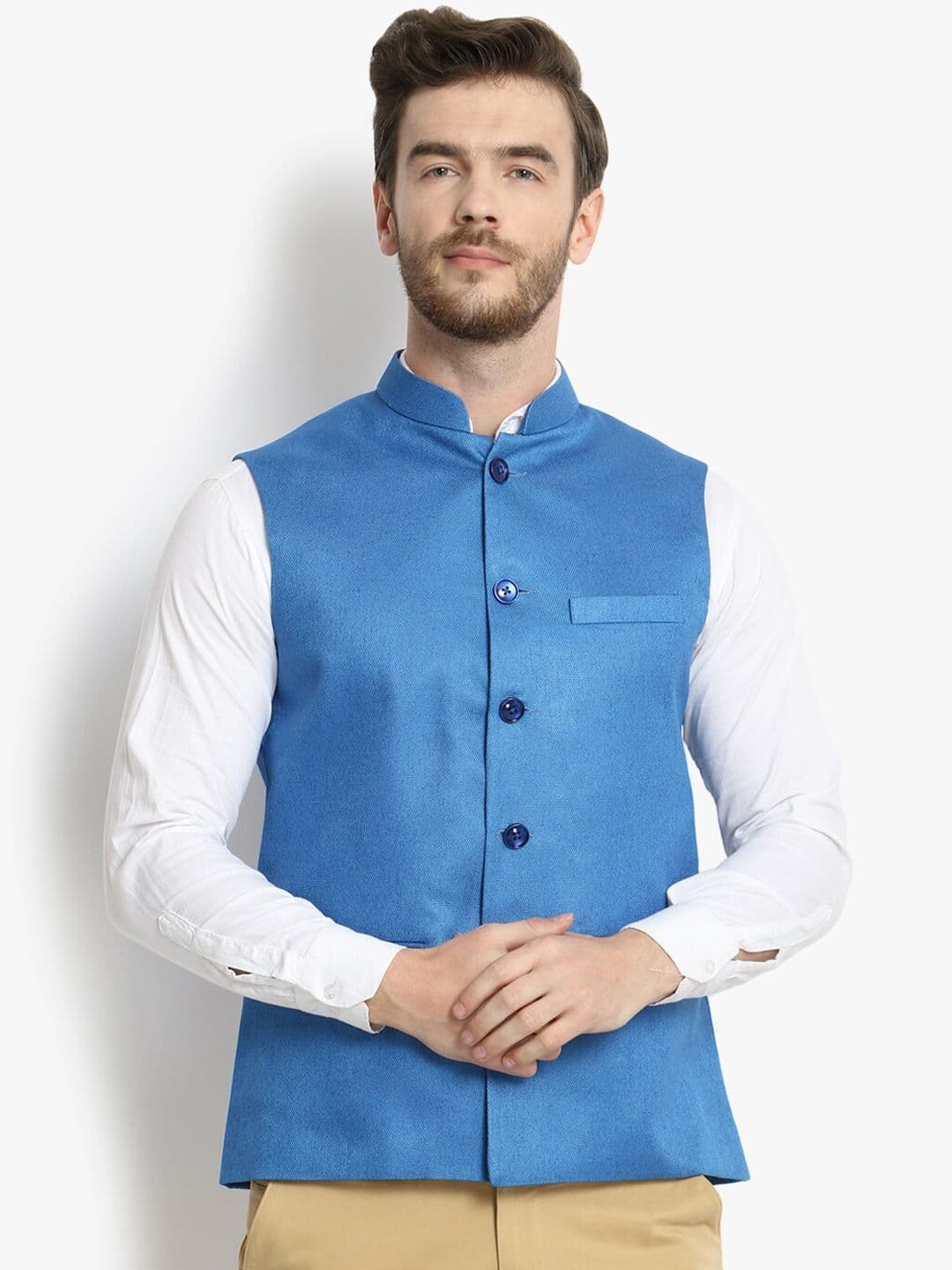 Vastraa Fusion Men Blue Solid Woven Nehru Jacket - view 1