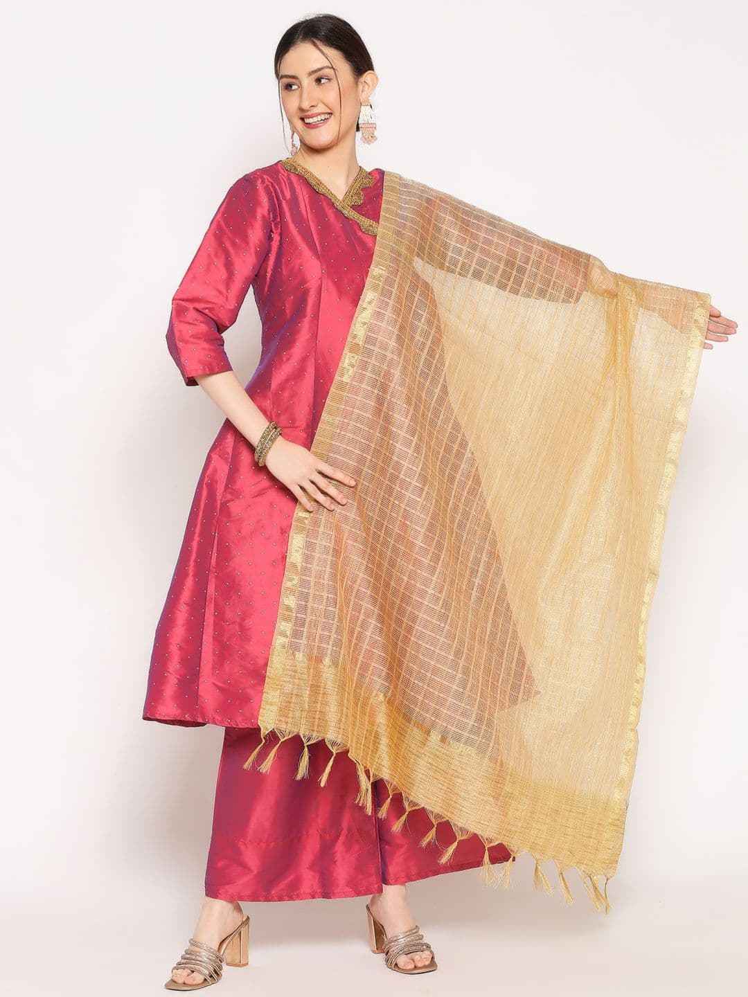 Dupatta Bazaar Women Gold-Toned Checked Dupatta - view 1