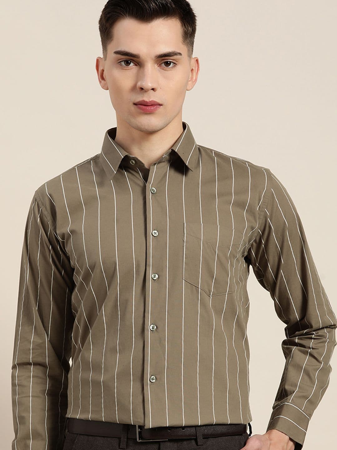 Hancock Men Olive Green Slim Fit Striped Formal Shirt - view 1