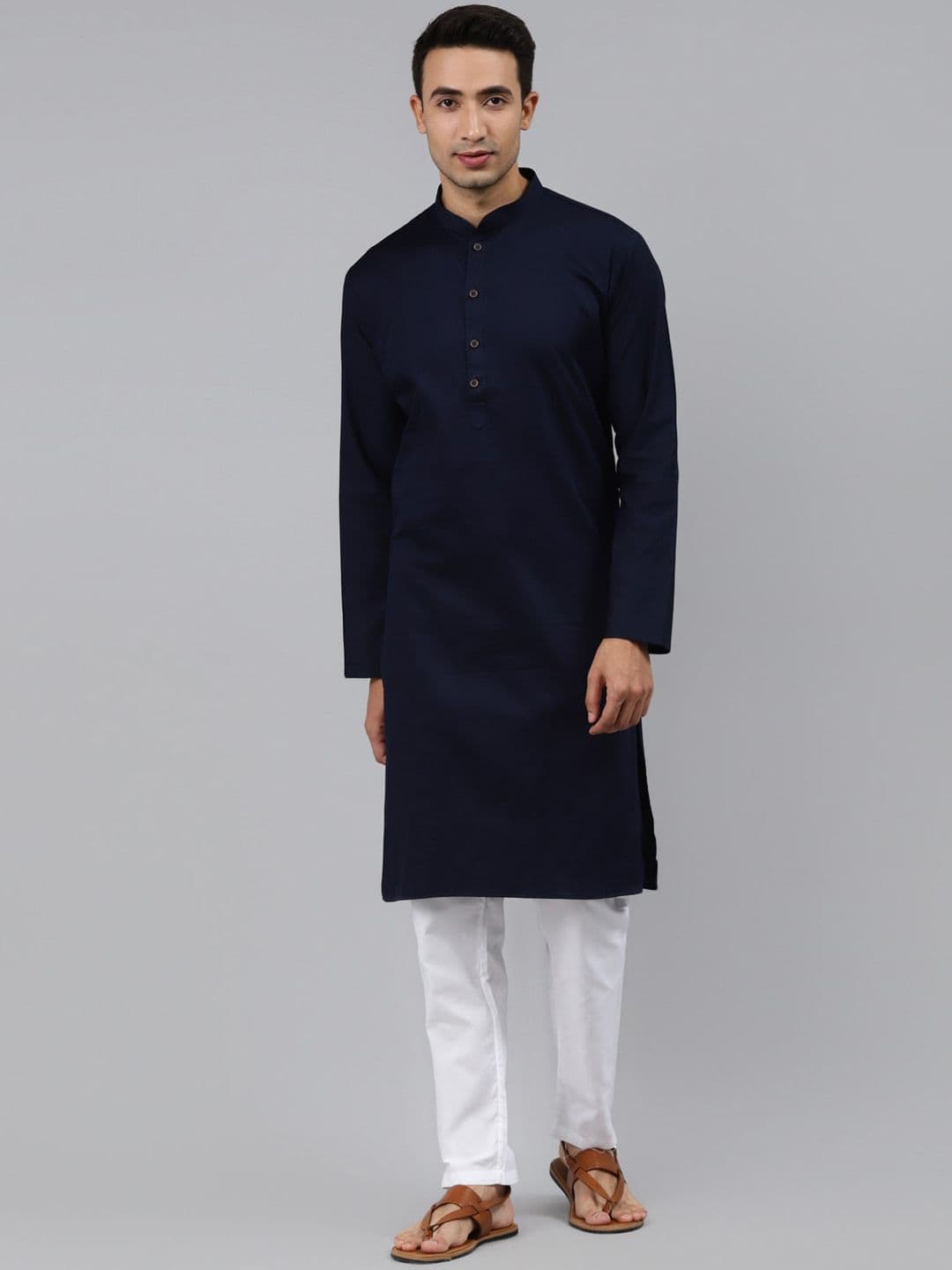 MANQ Men Navy Blue Striped Thread Work Kurta - view 1