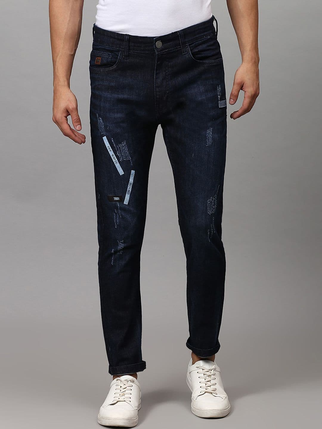 CAHOOT Men Navy Blue Slim Fit Low Distress Light Fade Stretchable Jeans - view 1