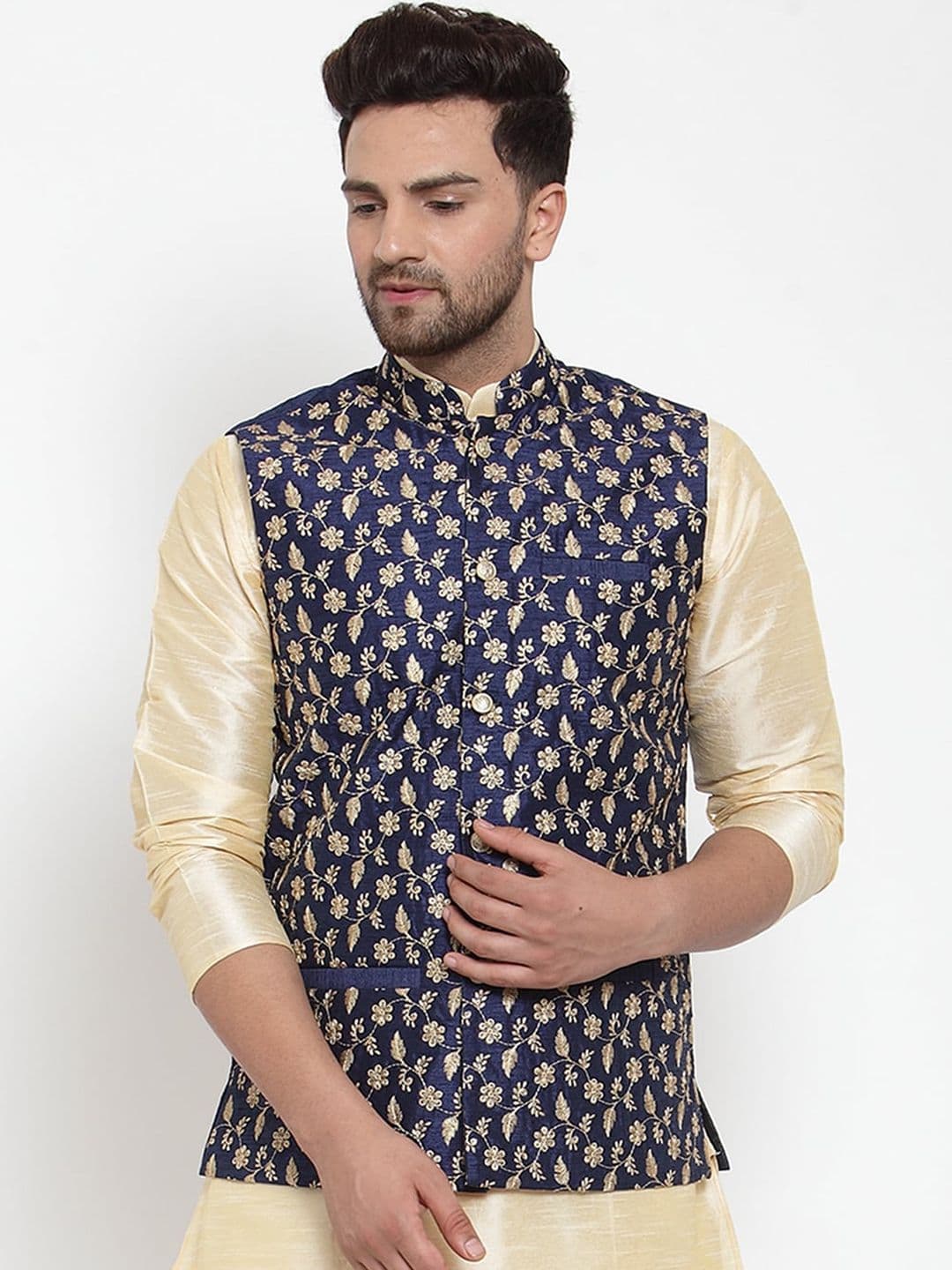 KRAFT INDIA Men Navy Blue & Gold-Coloured Woven Embroidered Nehru Jacket - view 1