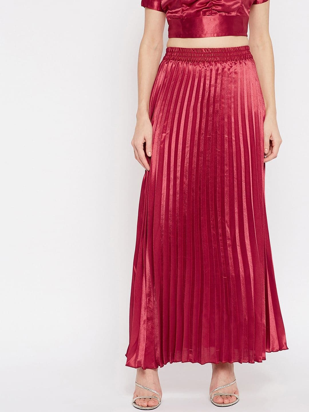 U&F Women Maroon Solid Accordion Pleated Maxi Skirt - view 1