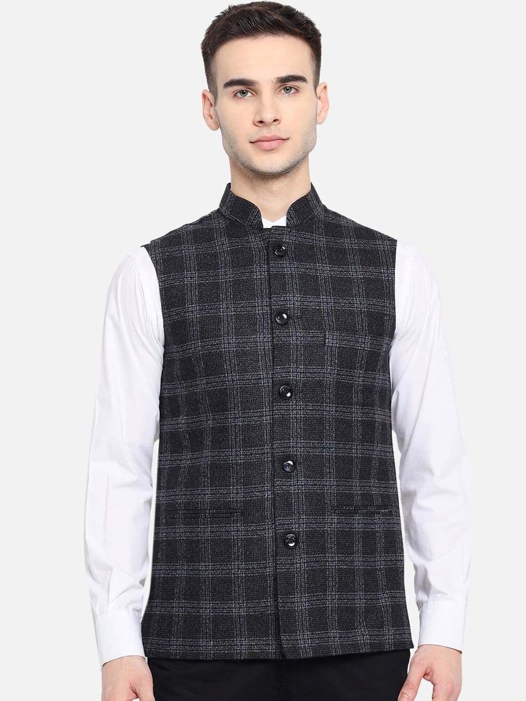 Vastraa Fusion Men Black & Grey Checked Woven Nehru Jacket - view 1