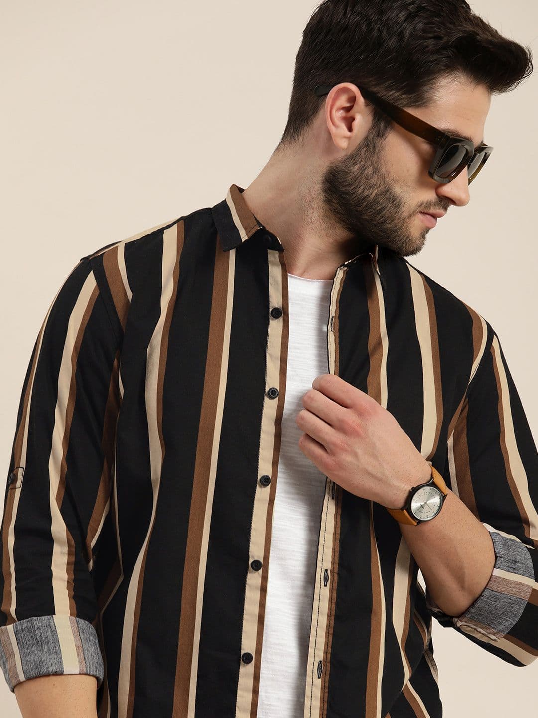 Moda Rapido Men Black & Brown Striped Slim Fit Casual Shirt - view 1