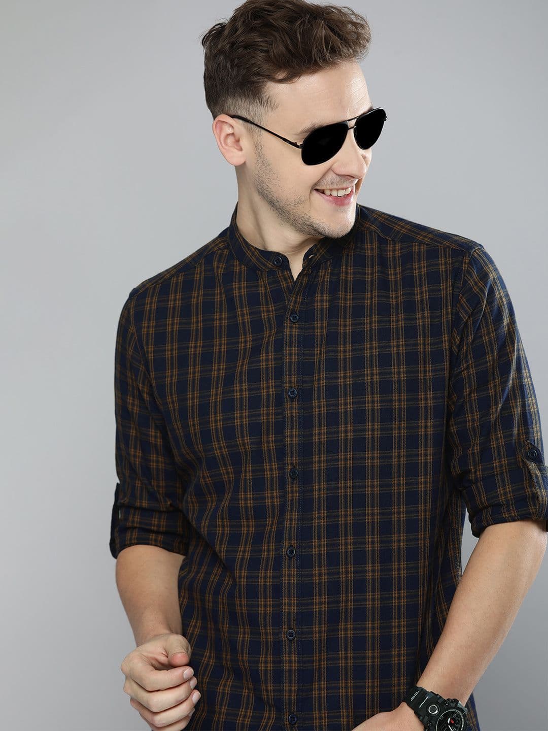 HERE&NOW Men Navy Blue & Khaki Slim Fit Checked Casual Shirt - view 1