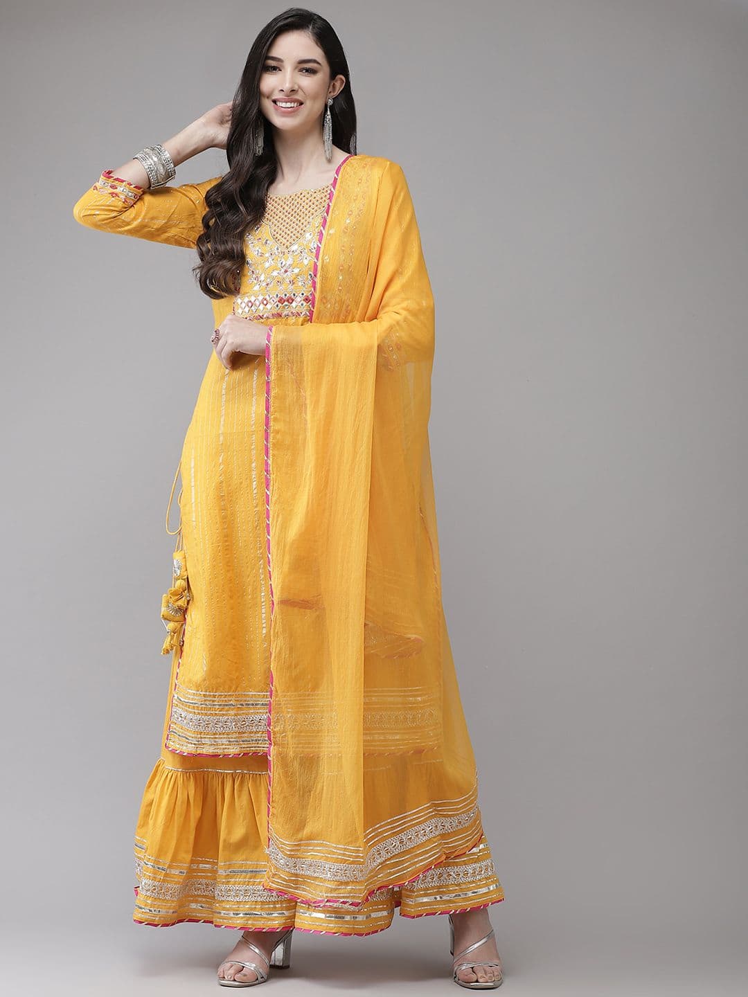 Ishin Women Mustard Yellow Embroidered Regular Gotta Patti Kurta with Sharara & With Dupatta - view 1