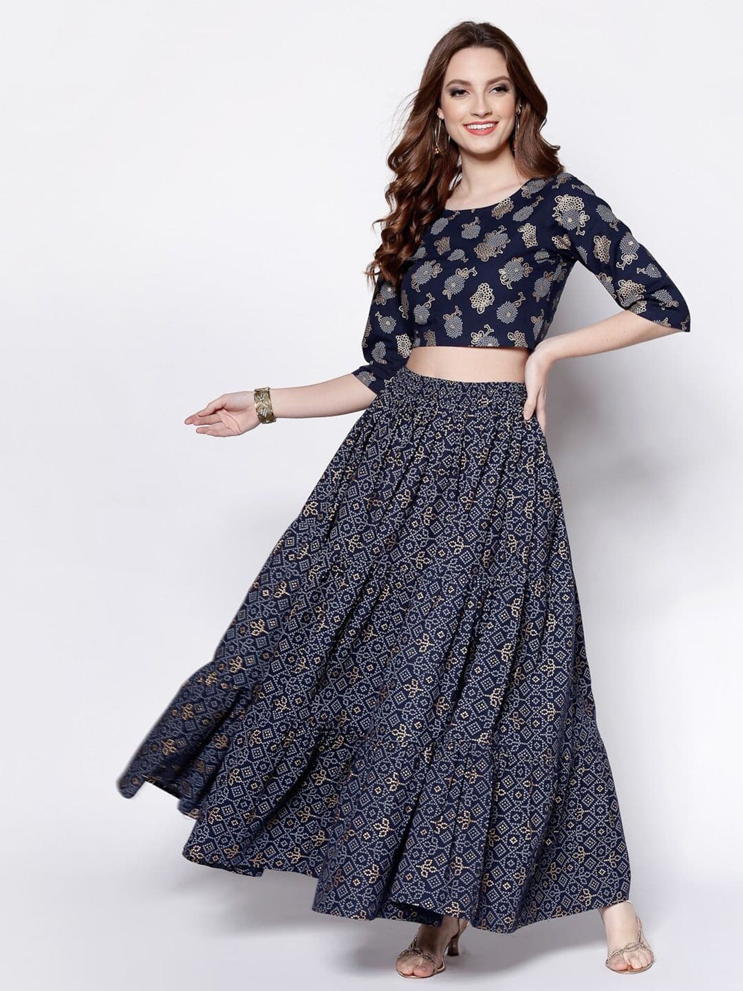 Sera Navy Blue & Gold-Toned Printed Ready to Wear Lehenga - view 1