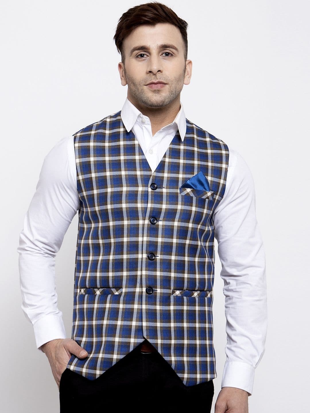 KLOTTHE Men Blue & White Checked Nehru Jacket - view 1