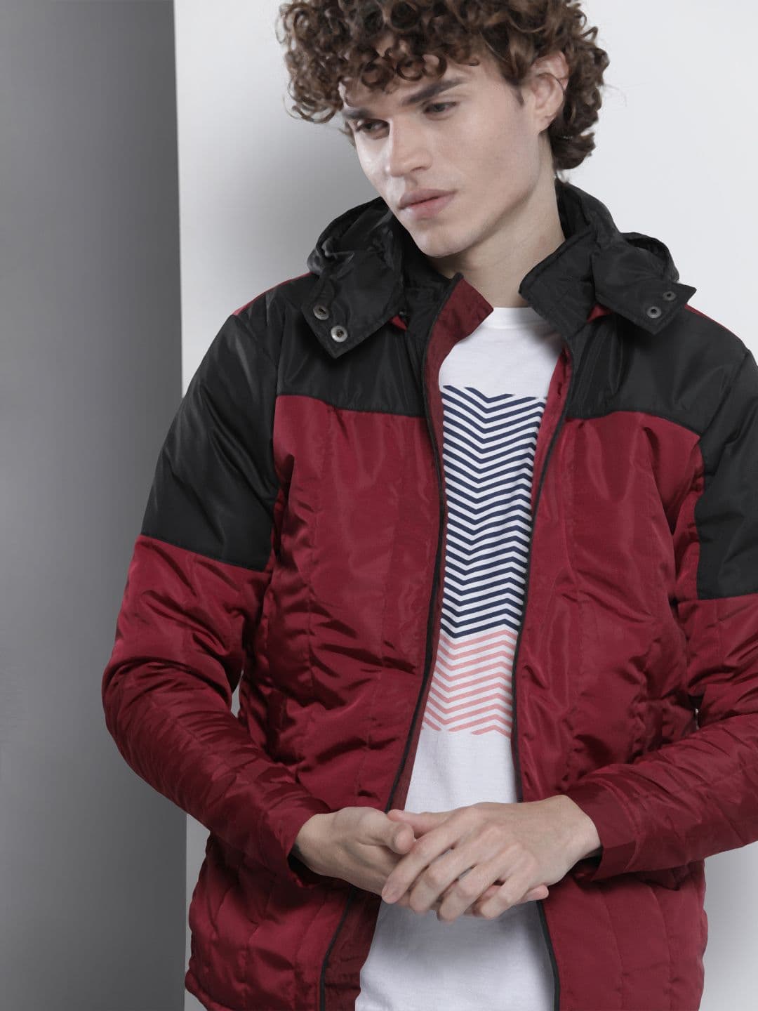 The Indian Garage Co Men Colourblock Zip-Front Slim Fit Bomber Jacket with Detachable Hood - view 1