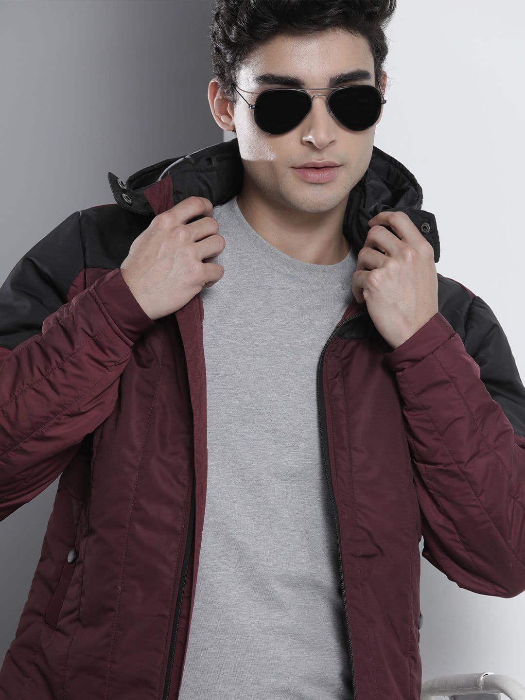 The Indian Garage Co Men Colourblock Zip-Front Slim Fit Bomber Jacket with Detachable Hood - view 1
