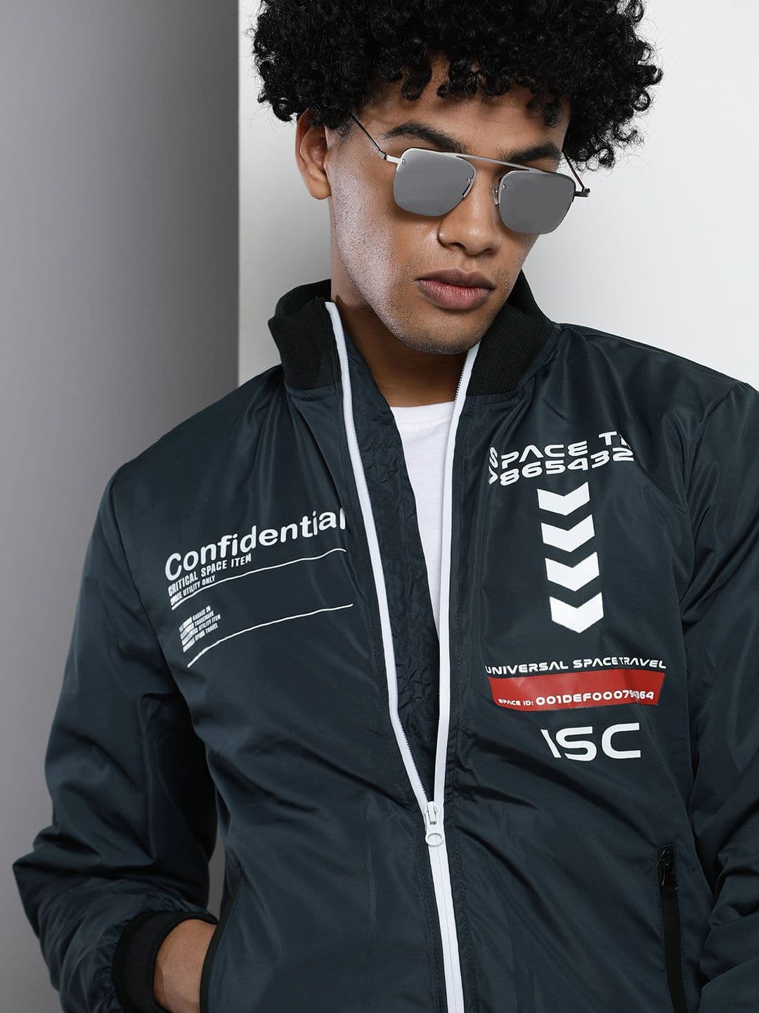 The Indian Garage Co Men Navy Blue Typography Bomber Jacket - view 1