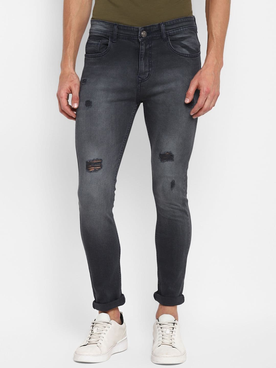Routeen Men Grey Slim Fit Mildly Distressed Heavy Fade Stretchable Jeans - view 1