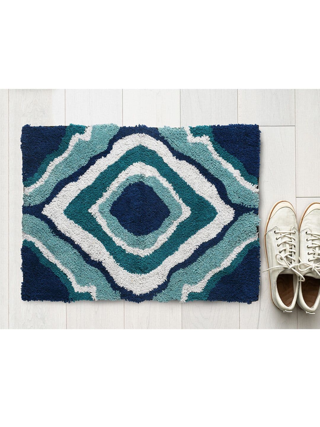 AAZEEM Blue & White Cotton Anti Skid Rectangle Doormat - view 1