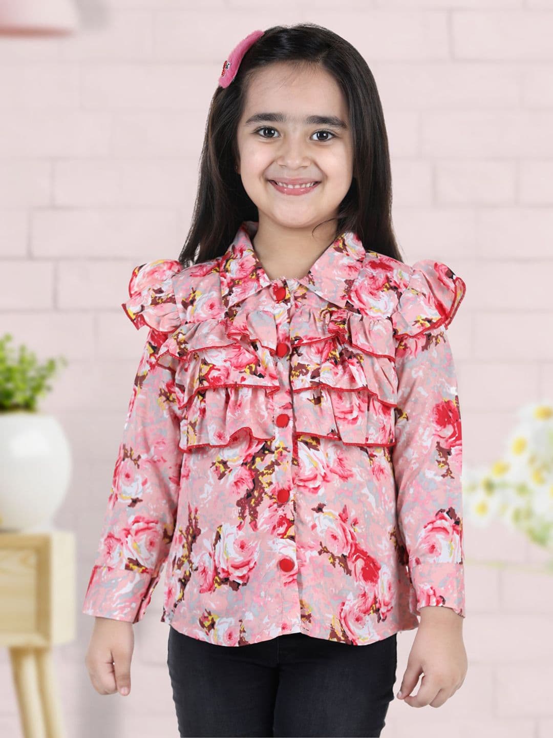 Cutiekins Peach & Red Floral Printed Ruffles Crepe Shirt Style Top - view 1