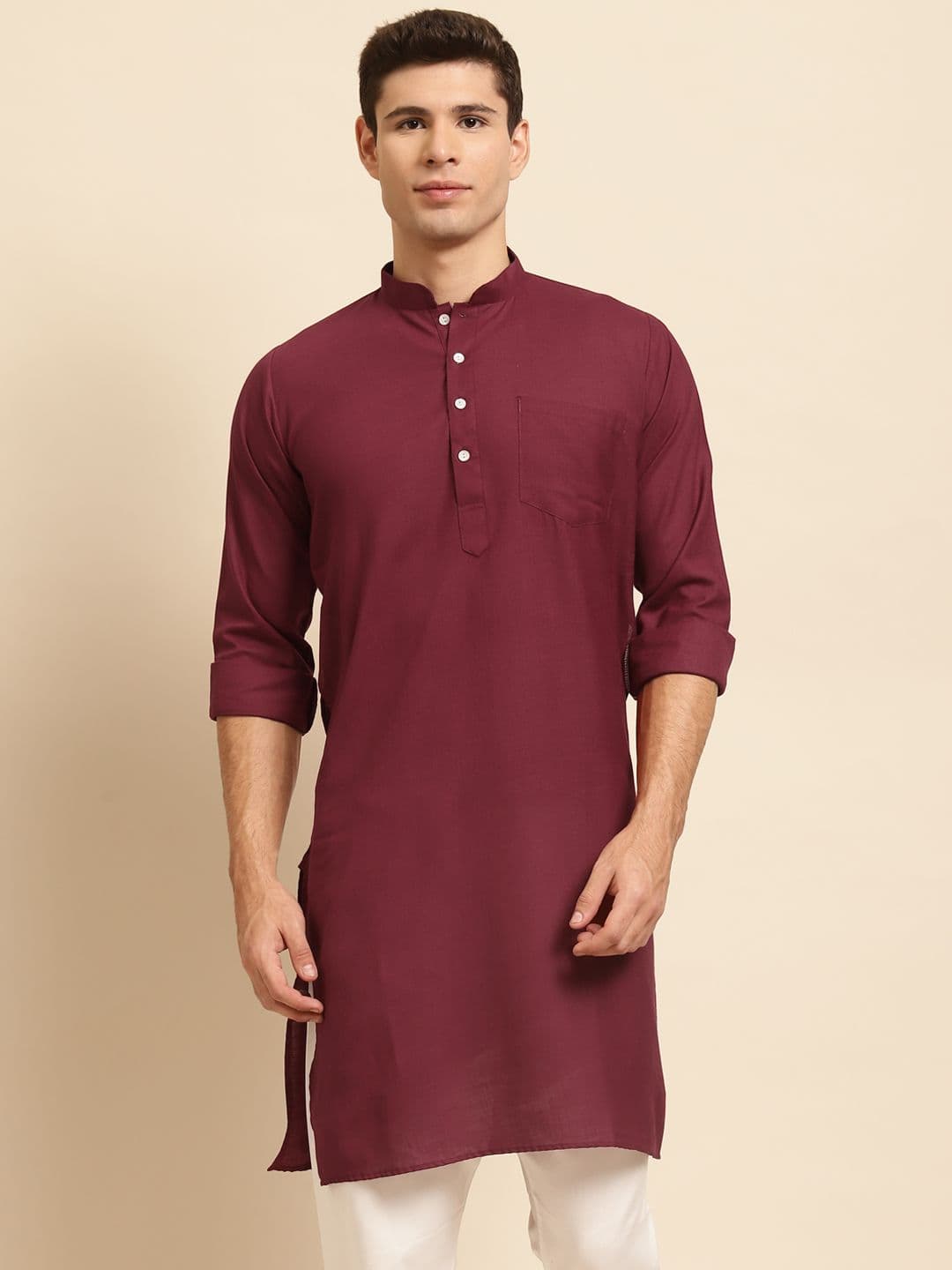 RAJUBHAI HARGOVINDAS Men Maroon Solid Straight Kurta - view 1