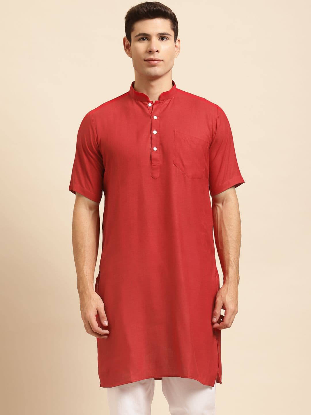 RAJUBHAI HARGOVINDAS Men Red Solid Straight Kurta - view 1