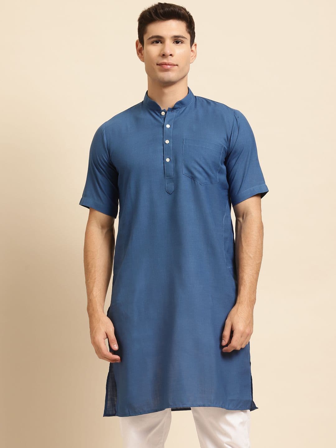 RAJUBHAI HARGOVINDAS Men Blue Solid Straight Kurta - view 1