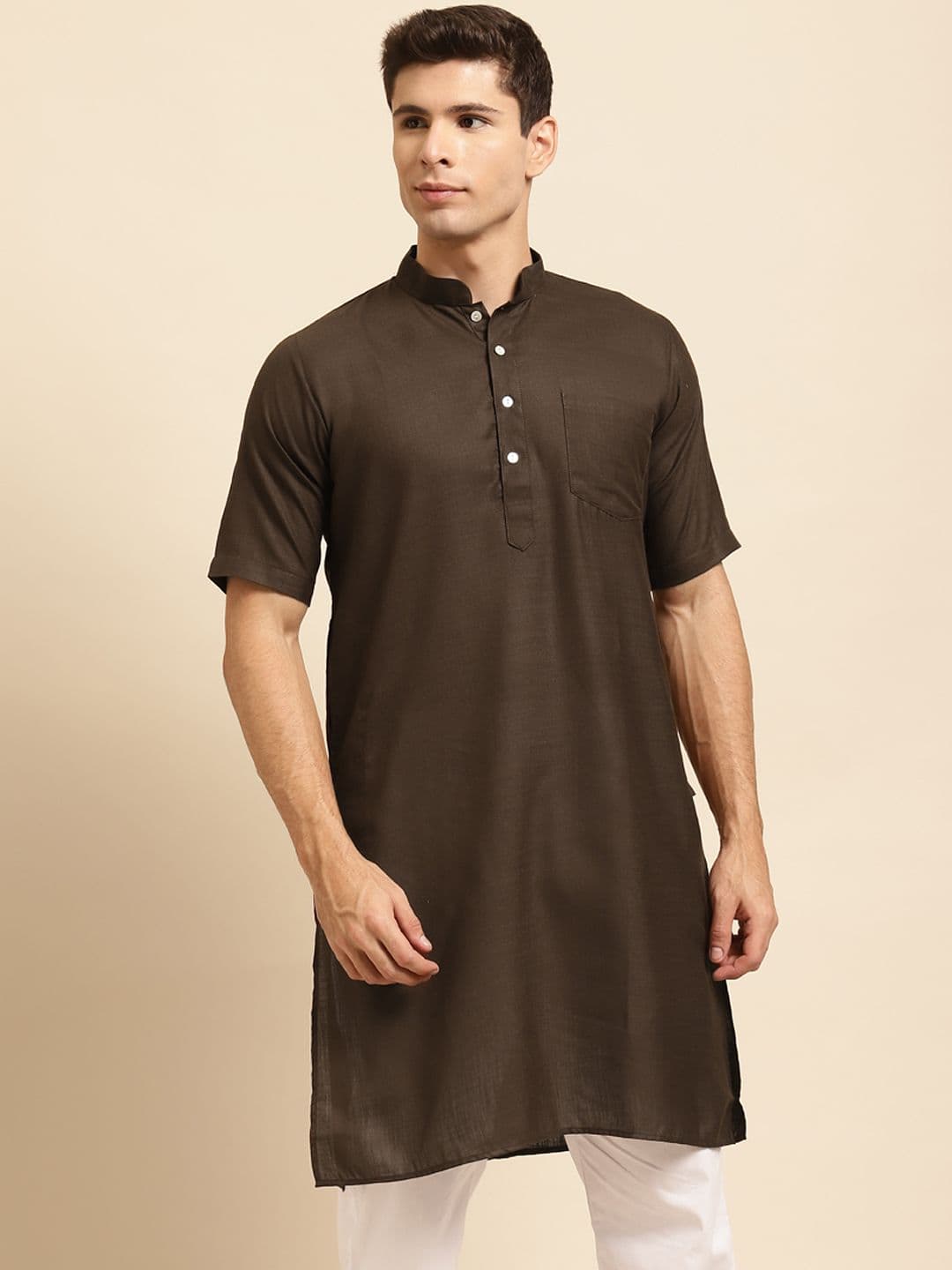 RAJUBHAI HARGOVINDAS Men Brown Solid Straight Kurta - view 1