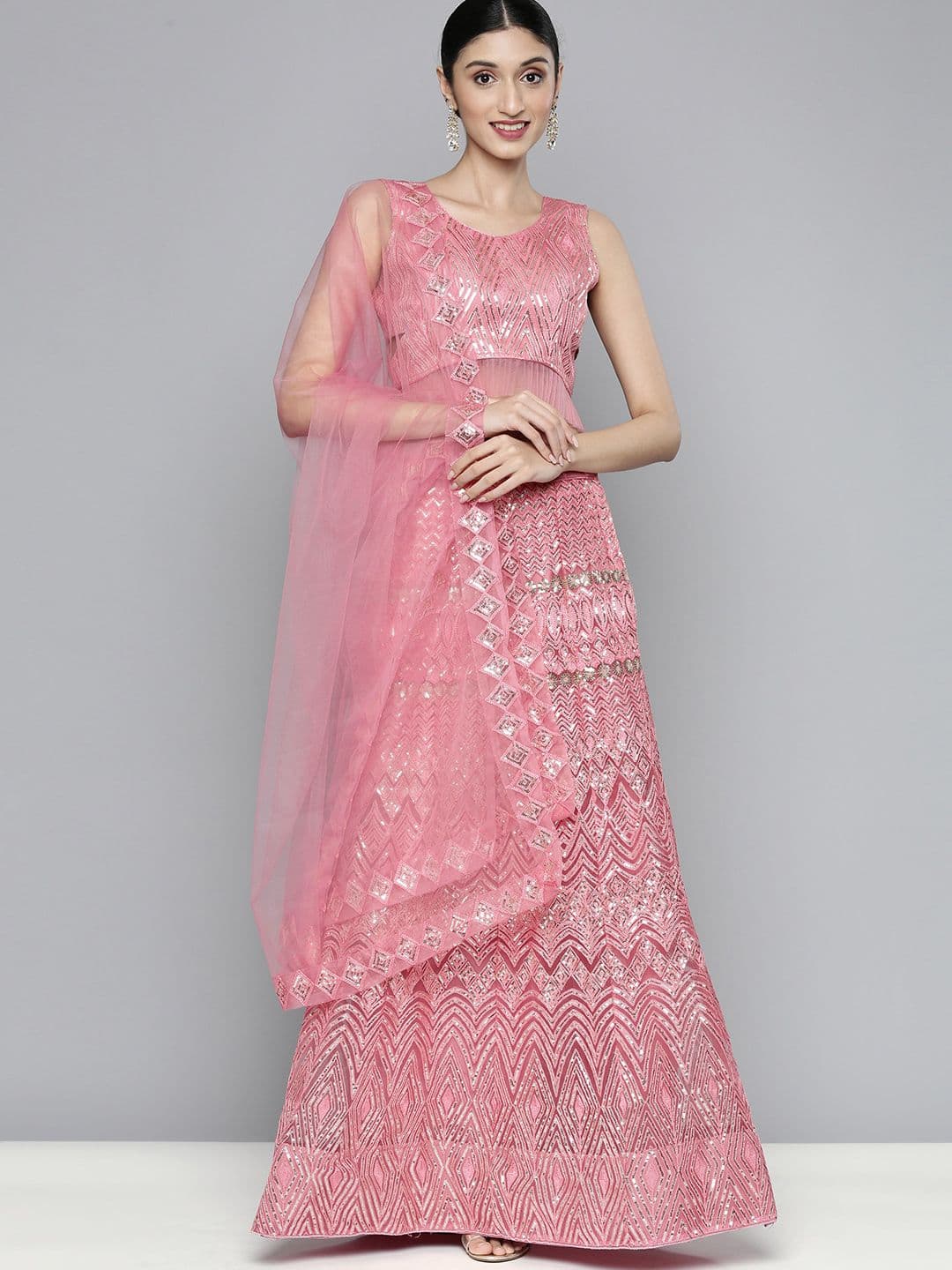 Kvsfab Pink Sequinned Embroidered Semi-Stitched Lehenga & Unstitched Blouse With Dupatta - view 1