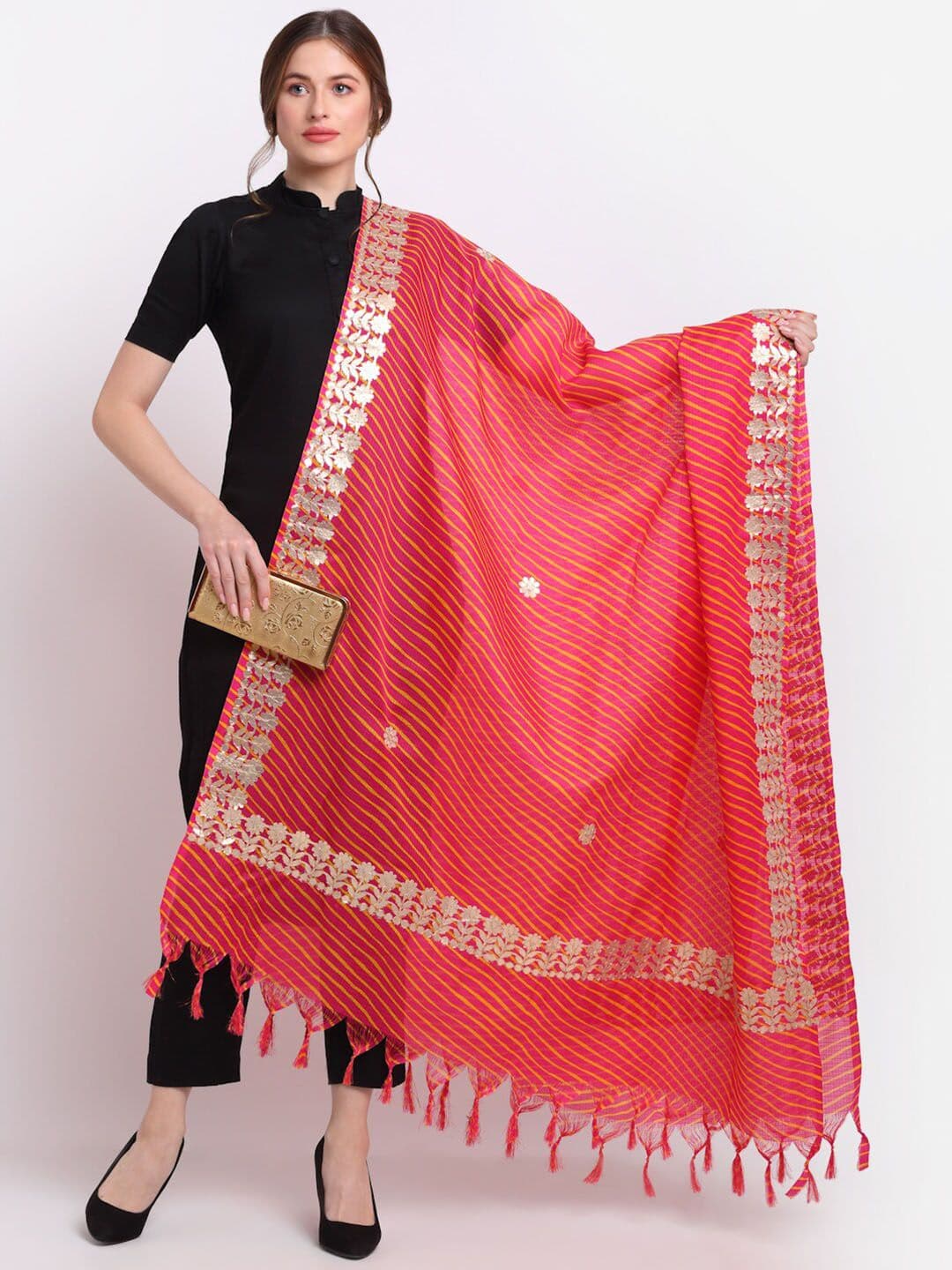 SOUNDARYA Red & Gold-Toned Striped Pure Cotton Leheriya Dupatta with Gotta Patti - view 1