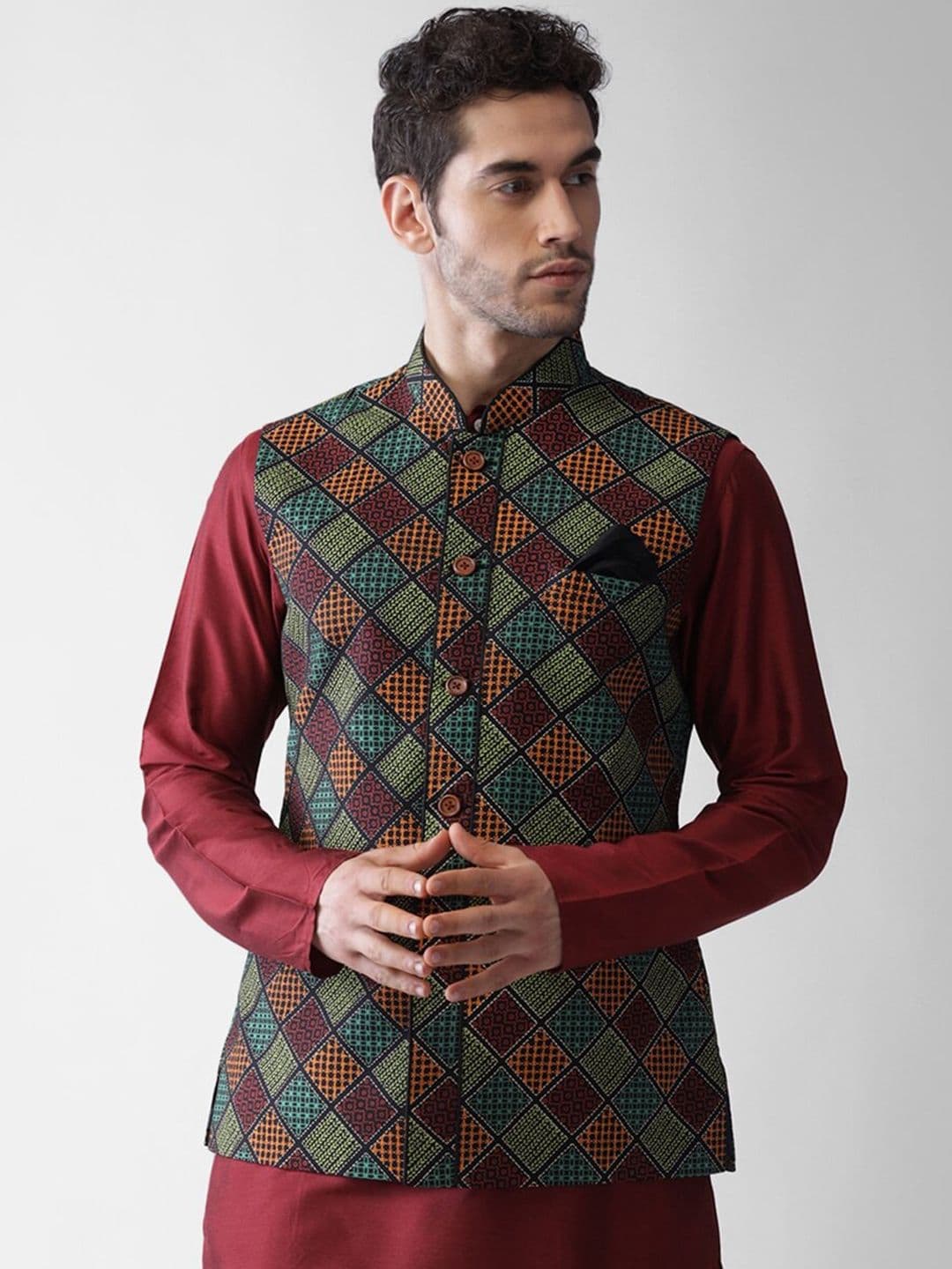 KISAH Men Printed Zari Regular Fit Nehru Jacket - view 1