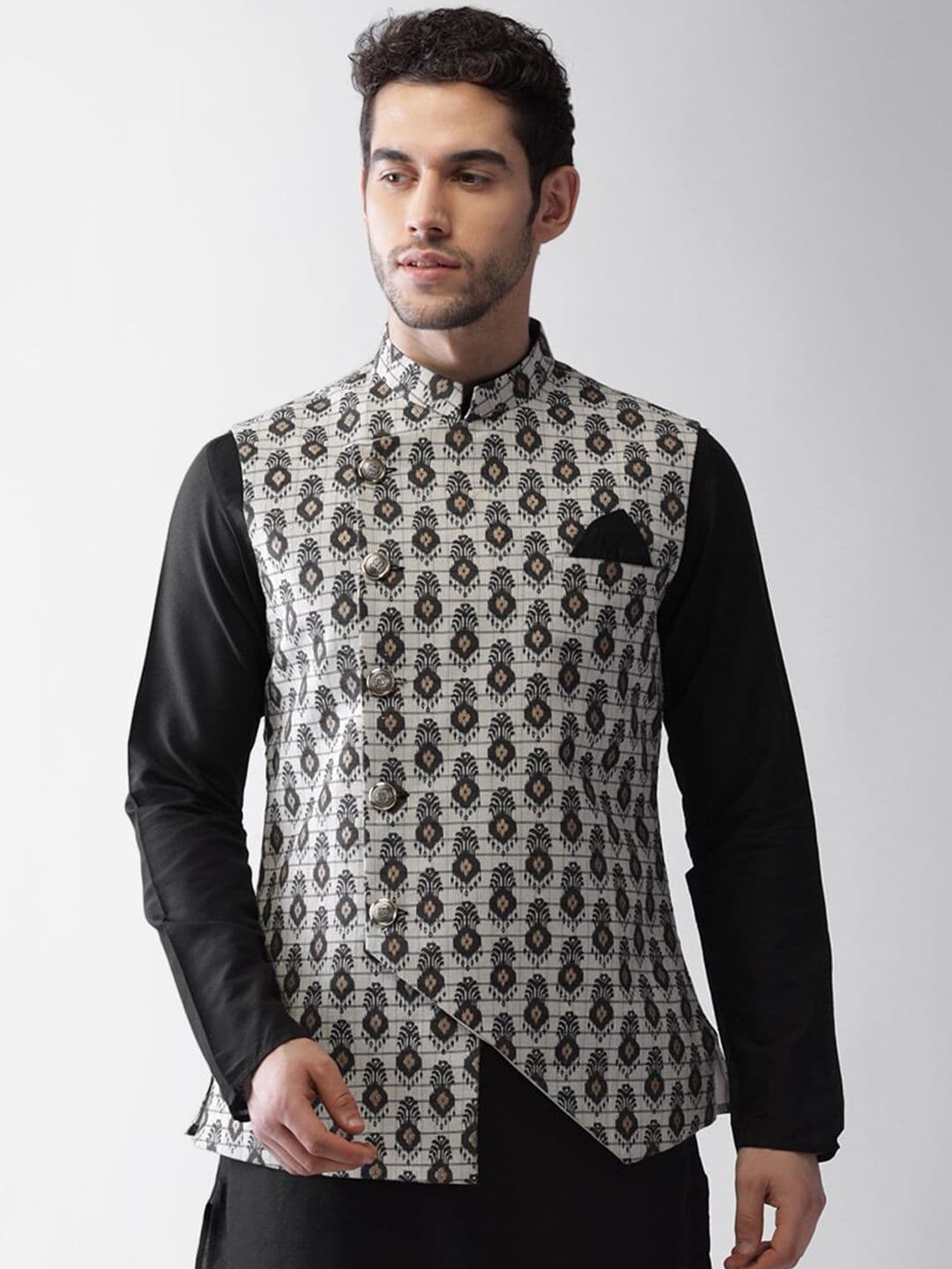 KISAH Men Grey Printed Nehru Jacket - view 1