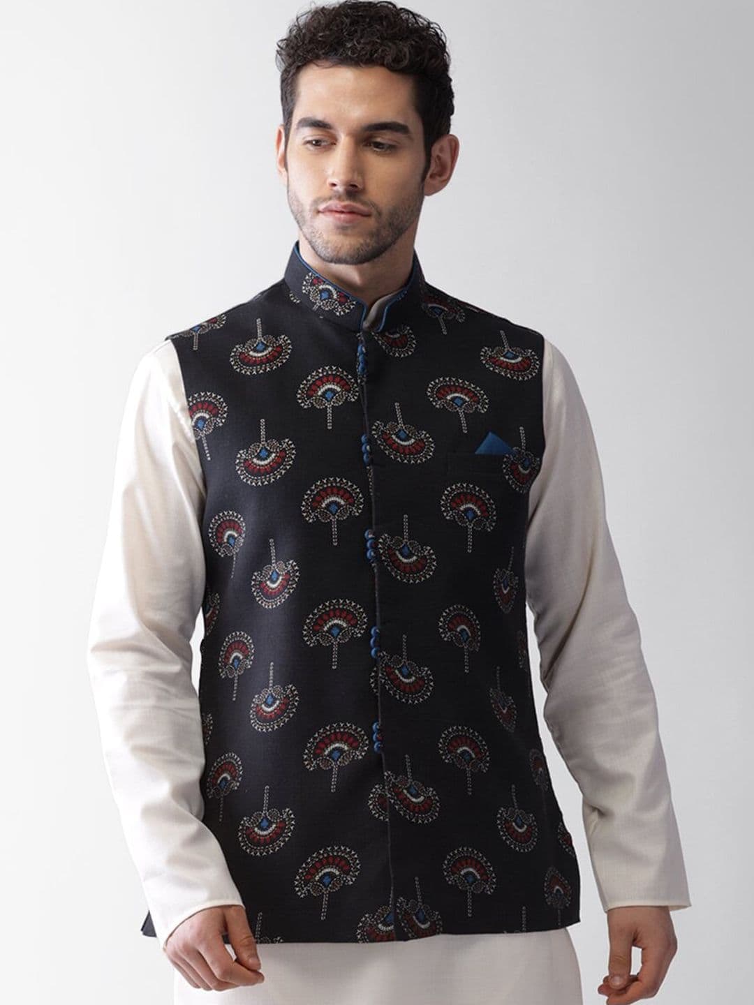 KISAH Men Black Printed Nehru Jacket - view 1