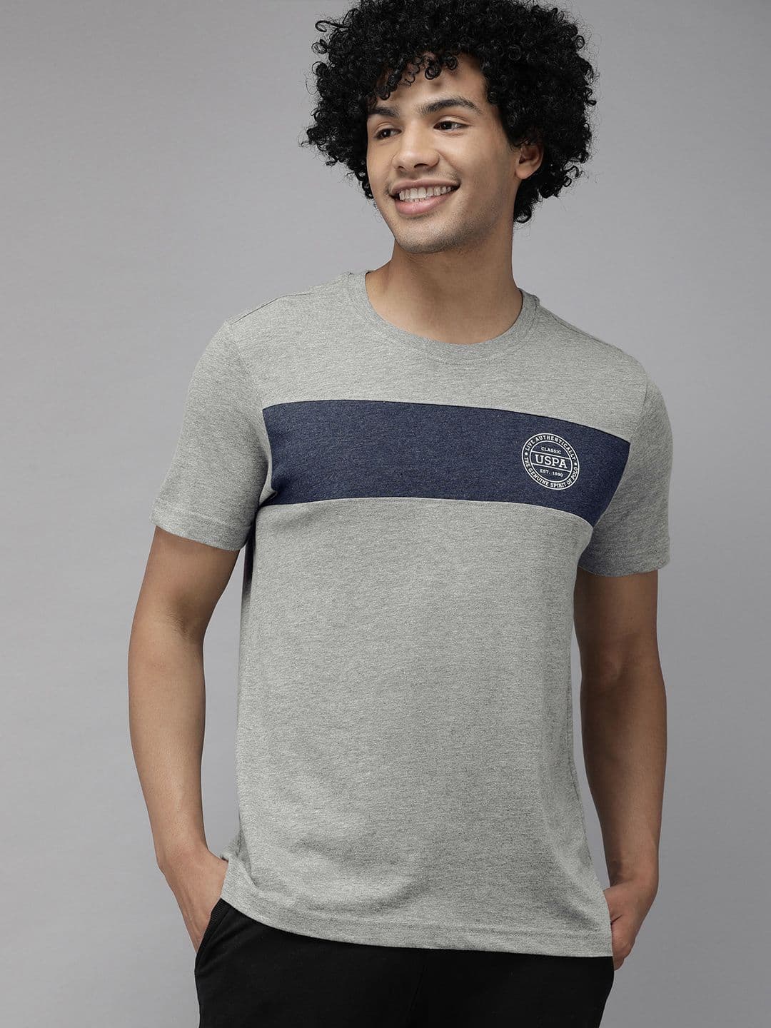 U.S. Polo Assn. Men Grey Melange & Navy-Blue Colourblocked Lounge T-shirt - view 1