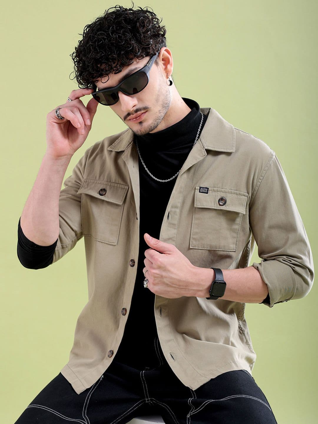 The Indian Garage Co Men Khaki & Black Typography Print Back Slim Fit Cotton Casual Shirt - view 1