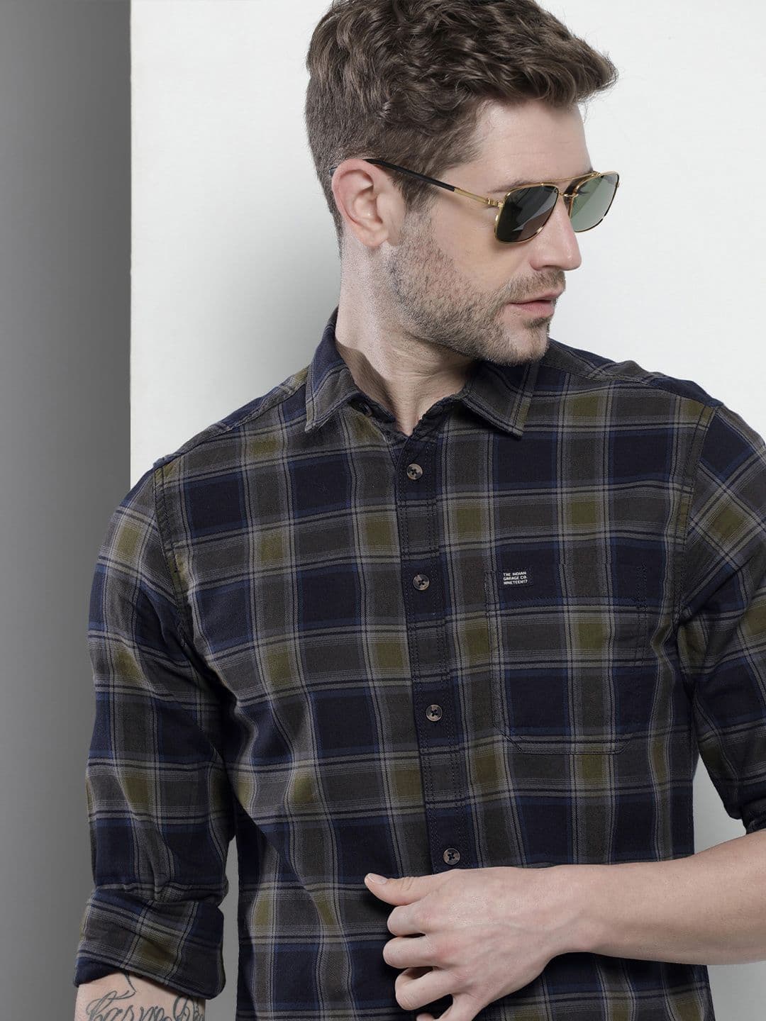 The Indian Garage Co Men Navy Blue Cotton Tartan Checked Casual Shirt - view 1