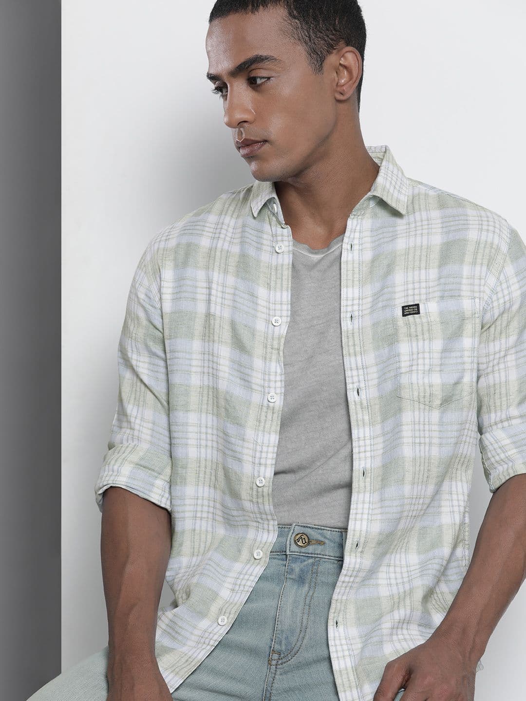 The Indian Garage Co Men Pista Green Regular Fit Opaque Checked Cotton Shirt with Pocket - view 1