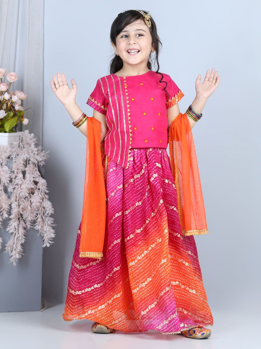 Here&Now X Kinder Kids Girls Pink & Yellow Embroidered Ready to Wear Lehenga & Blouse With Dupatta - view 1