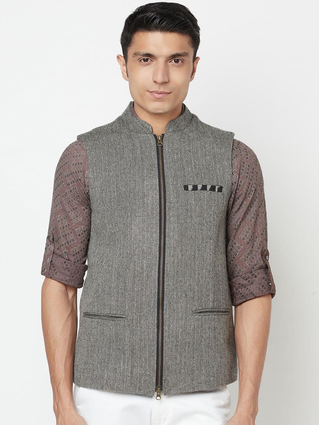 Fabindia Men Grey Woven Design Woolen Nehru Jacket - view 1