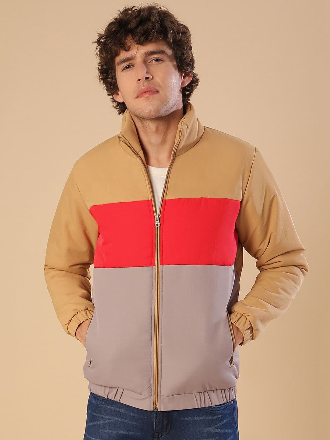 CAHOOT Men Beige Grey Colourblocked Lightweight Crop Bomber Jacket - view 1