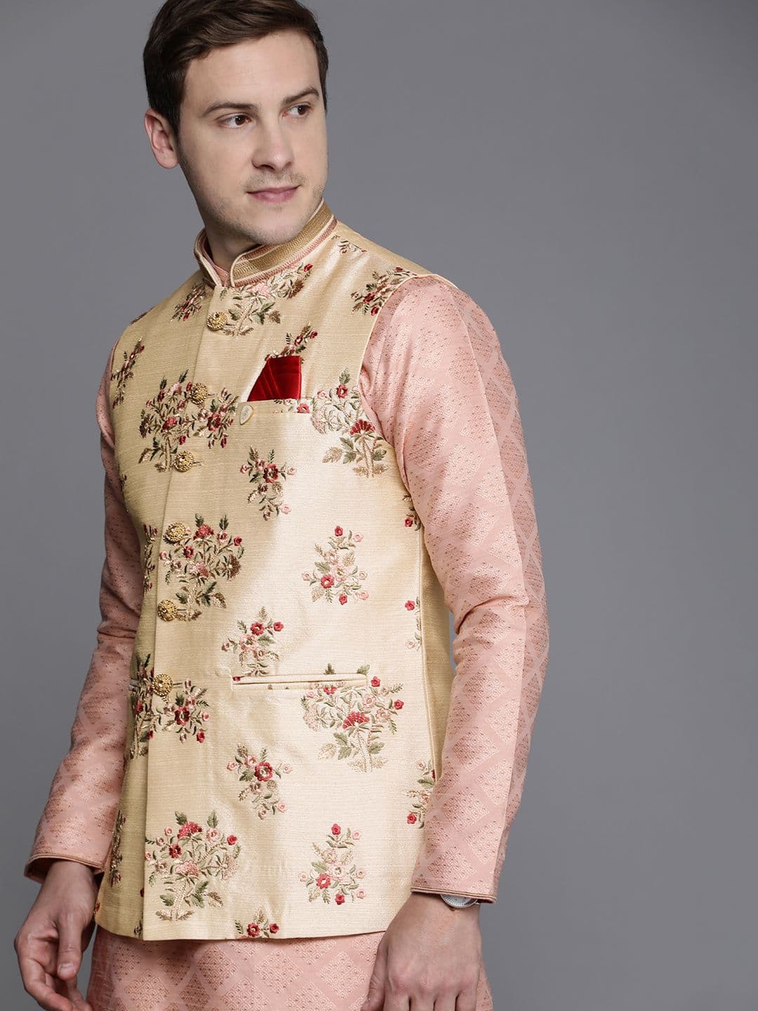 Manyavar Men Beige Art Silk Embroidered Nehru Jacket - view 1