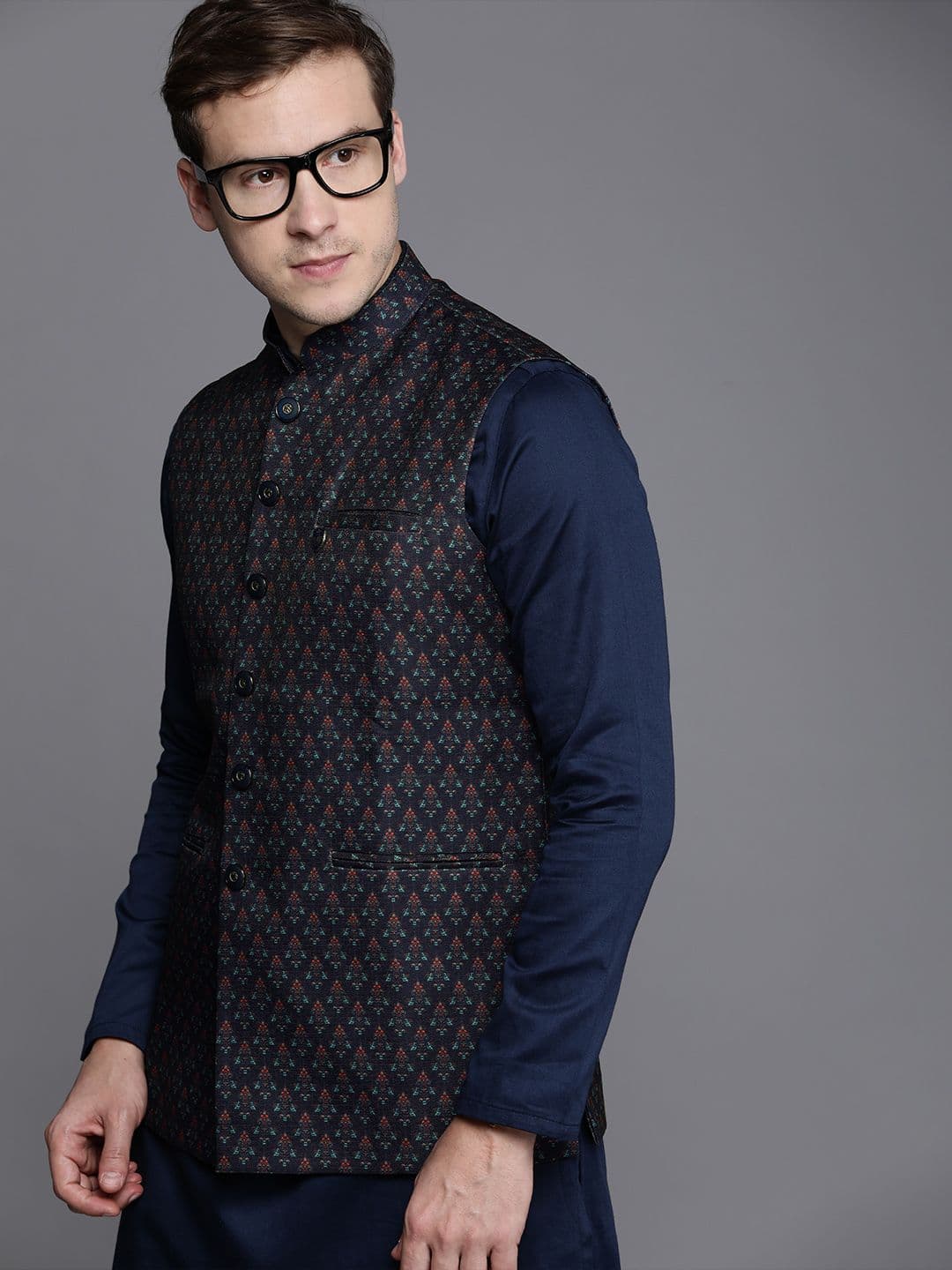 Manyavar Men Navy Blue Art Silk Printed Nehru Jacket - view 1
