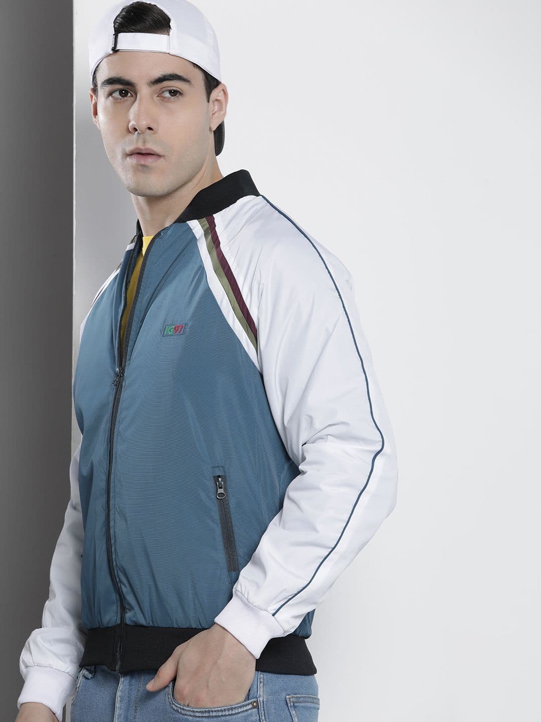 The Indian Garage Co Men Blue White Striped Bomber Jacket - view 1