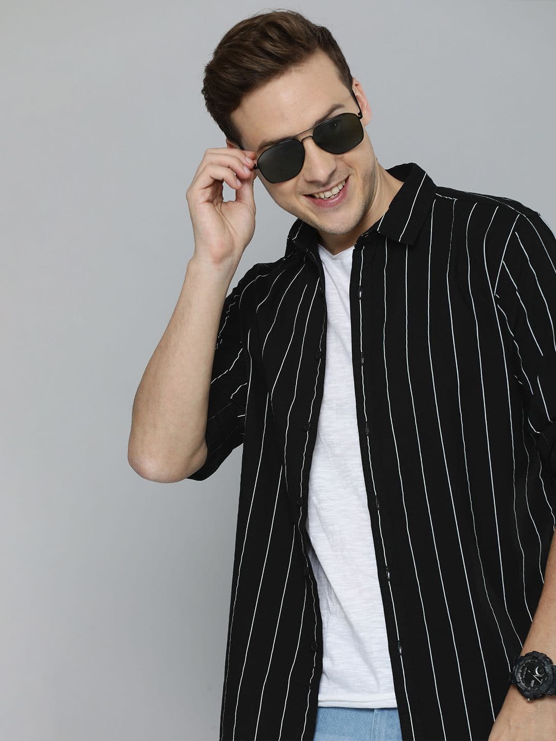 HERE&NOW Men Black & White Striped Cotton Slim Fit Casual Shirt - view 1