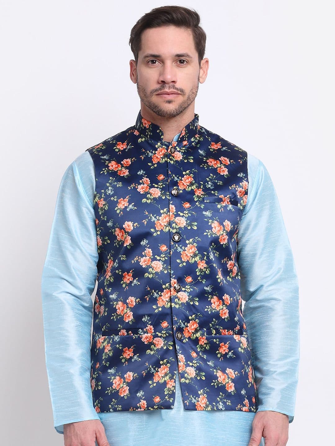 KRAFT INDIA Men Blue & Orange Floral Printed Satin Nehru Jacket - view 1