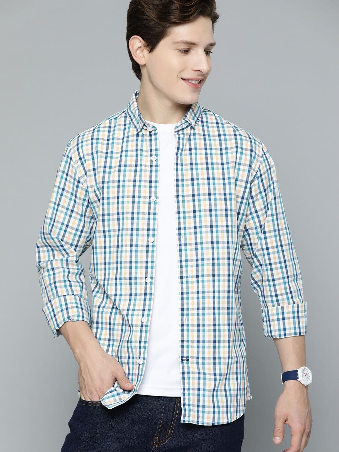 Mast & Harbour Men White & Blue Tartan Checked Casual Shirt - view 1