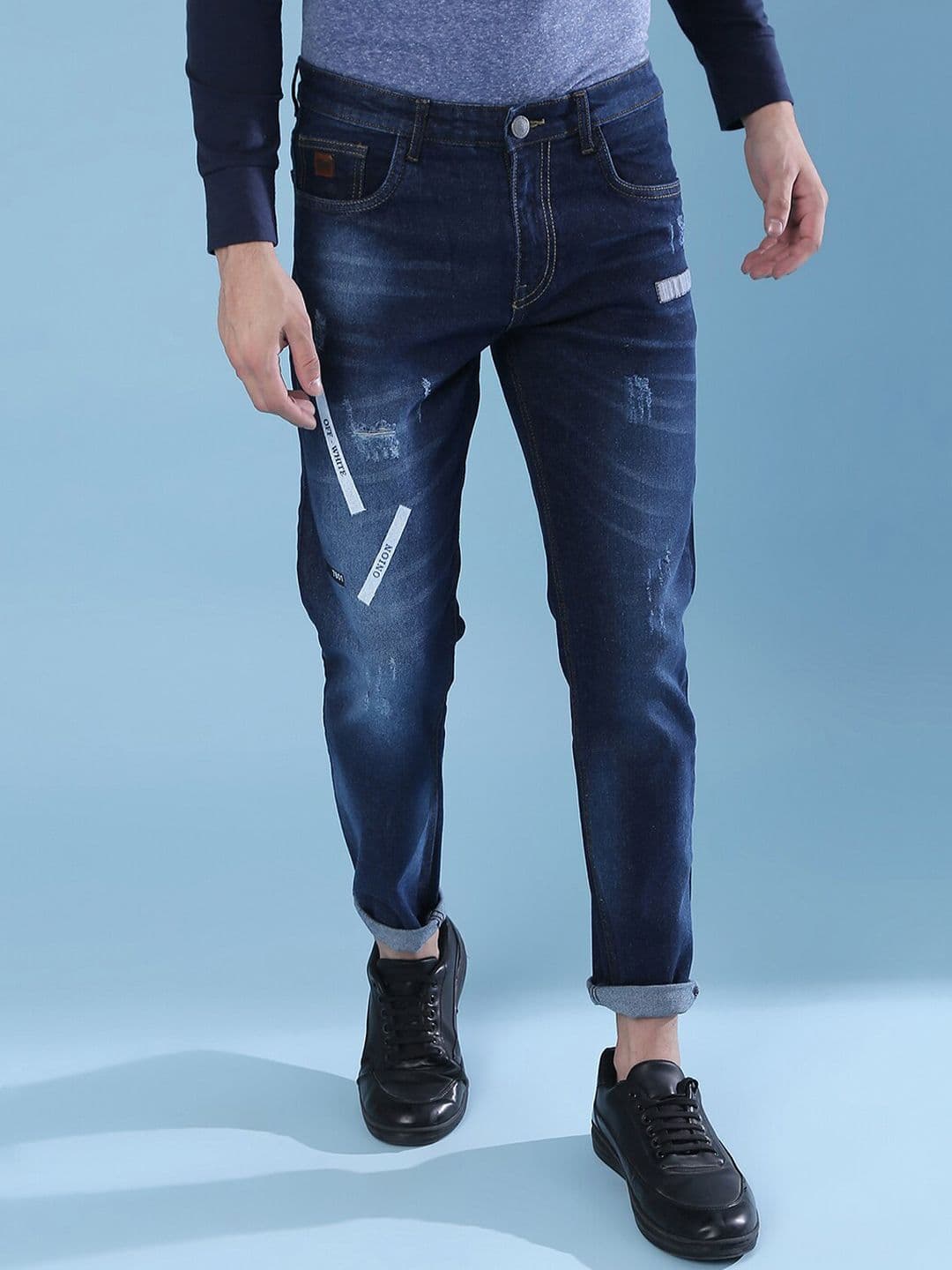 CAHOOT Men Navy Blue Super Mildly Distressed Light Fade Stretchable Jeans - view 1