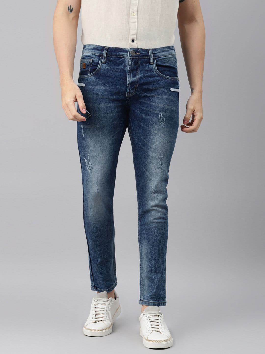 CAHOOT Men Blue Slim Fit Low Distress Light Fade Applique Stretchable Jeans - view 1