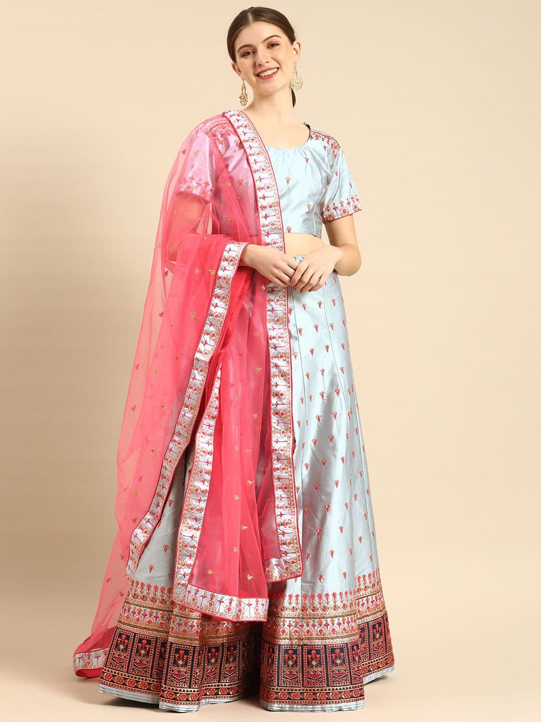 Shaily Grey Embroidered Semi-Stitched Lehenga & Unstitched Blouse With Dupatta - view 1